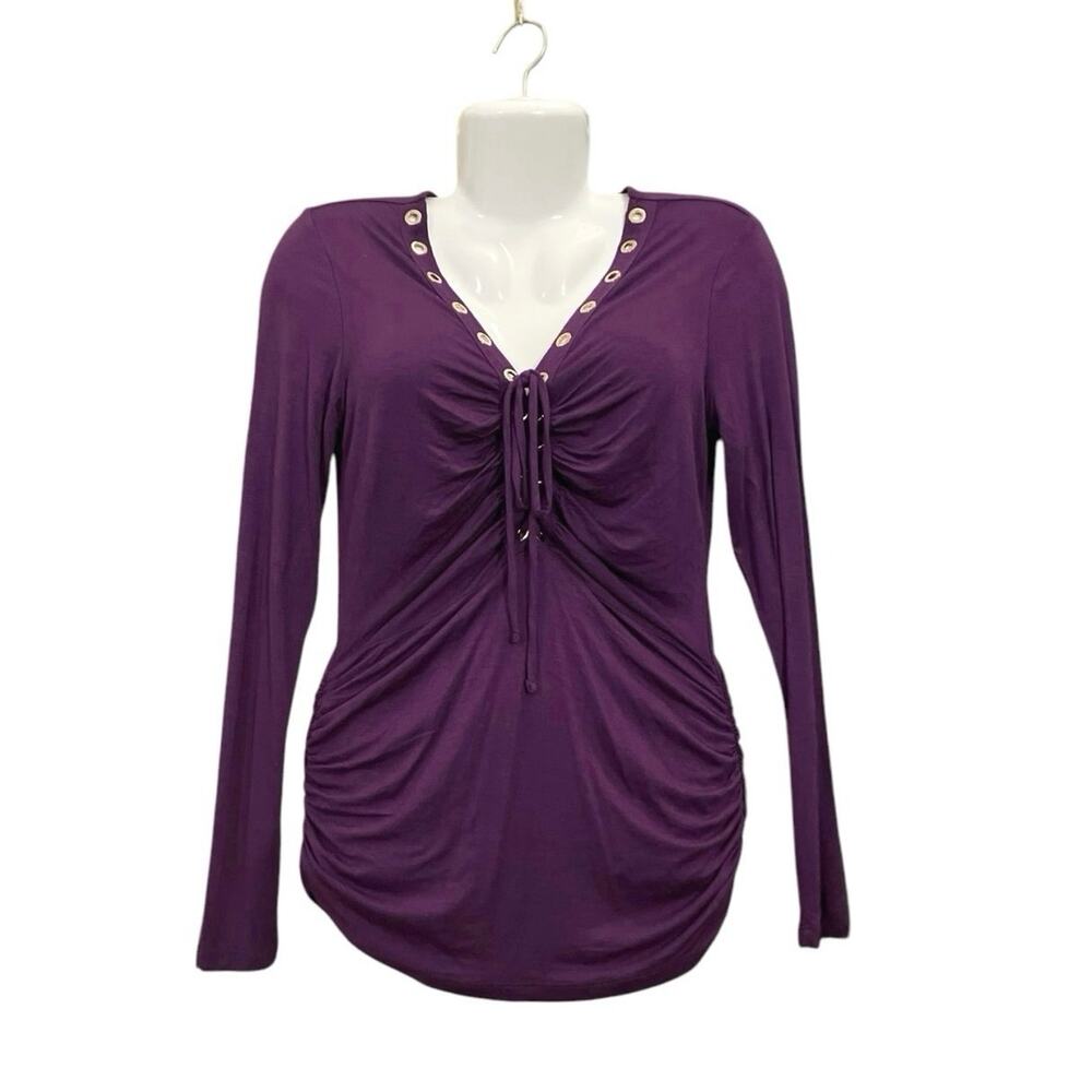 Venus Women's Purple V-Neck Grommet Detail Long Sleeve Ruched W/ Tie Shirt SZ M